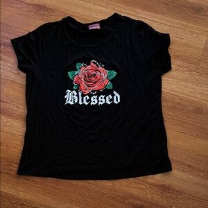 Fashion Nova Black Tee with Red Rose and 'Blessed' Design